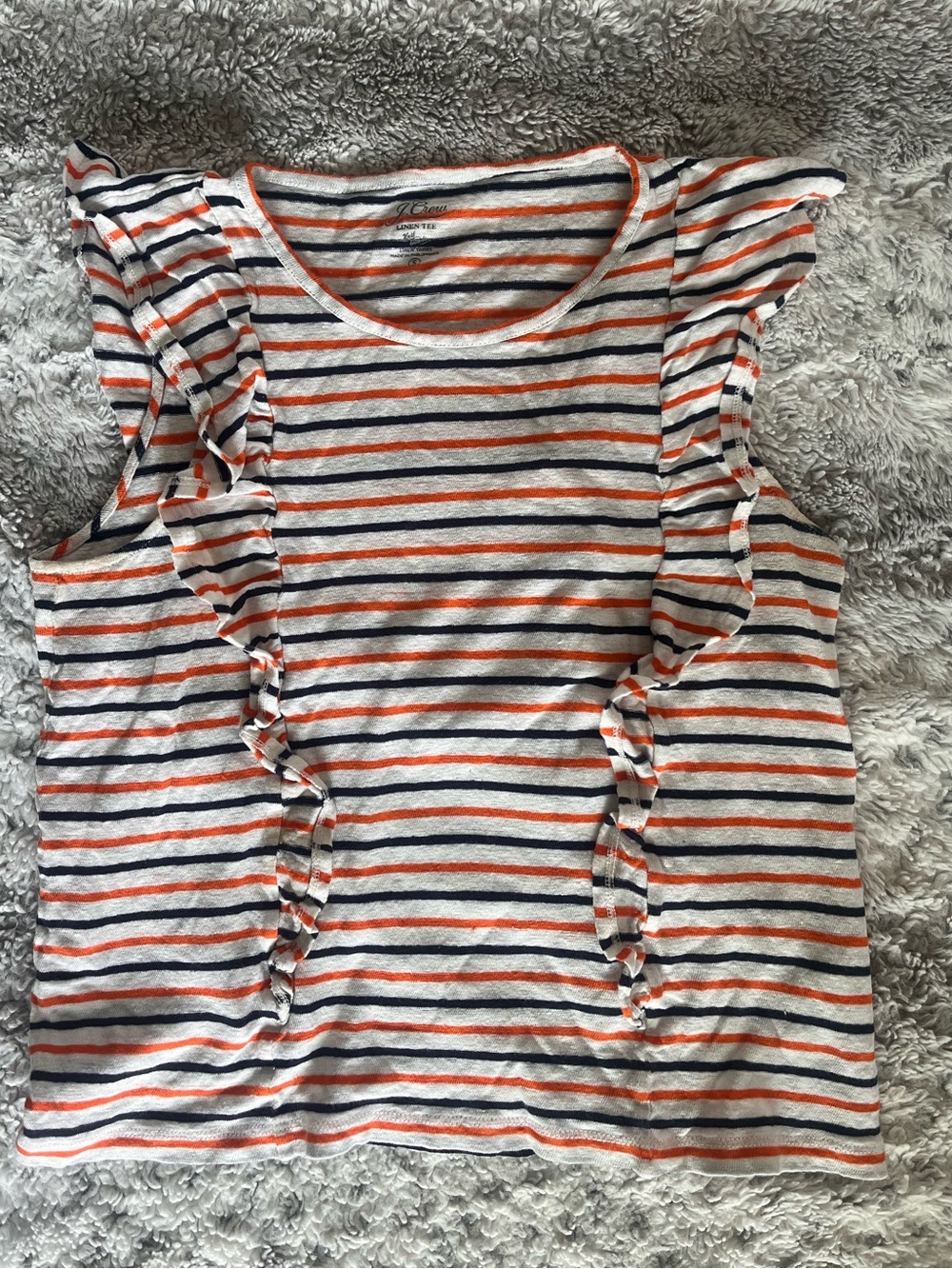 J. Crew Linen Striped Ruffle Sleeve Tank Top - White, Orange & Navy